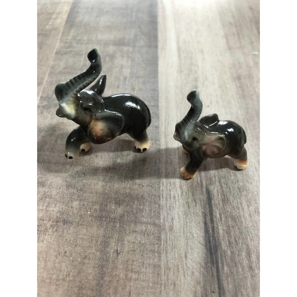 Vintage Gray Elephant Porcelain Posing Trunk Up In The Air Figurines Set of 2